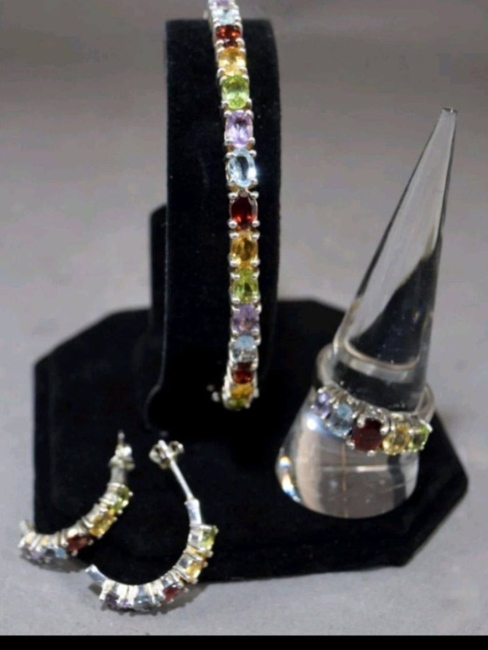 Multicolor Gemstone Tennis Bracelet, Hoop Earrings & Ring Set - Women Jewelry